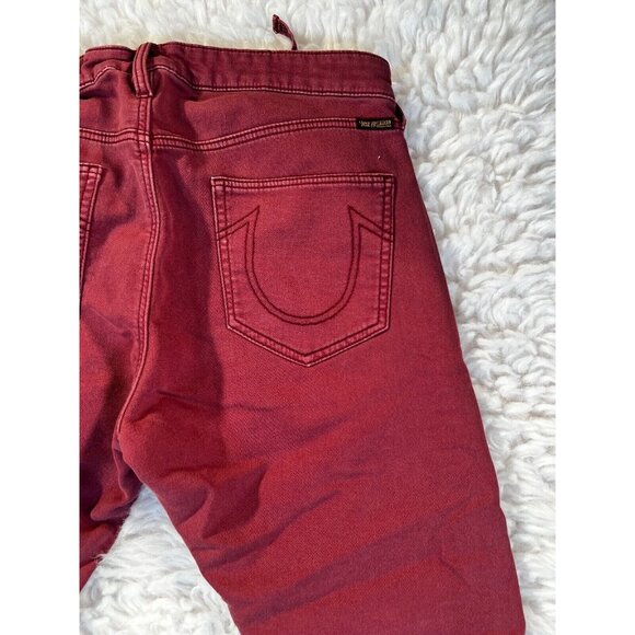True Religion SportsWear Mens Denim Joggers 31x29 Dark Red Drawstring + Zip - Picture 8 of 10